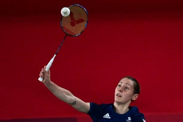 Britain's Kirsty Gilmour hits a shot to Pakistan's Mahoor Shahzad in their women's singles badminton group stage match during the Tokyo 2020 Olympic...