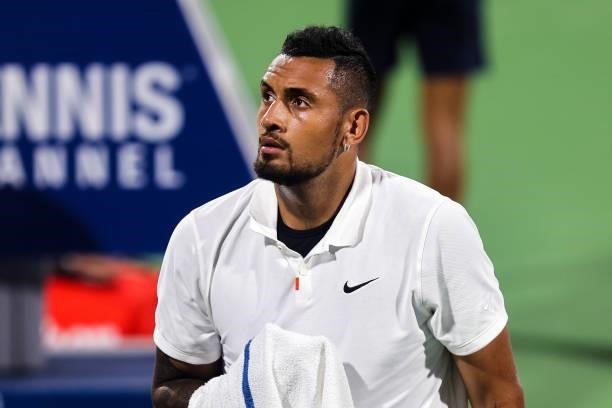 Nick Kyrgios of Australia is seen during a doubles match with Jack Sock of the United States against Aisam-Ul-Haq Qureshi of Pakistan and Divij...
