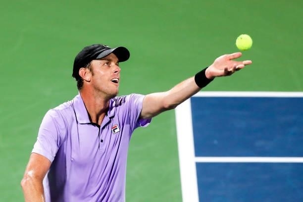 Sam Querrey of the United States serves during a match against Peter Gojowczyk of Germany at the Truist Atlanta Open at Atlantic Station on July 26,...