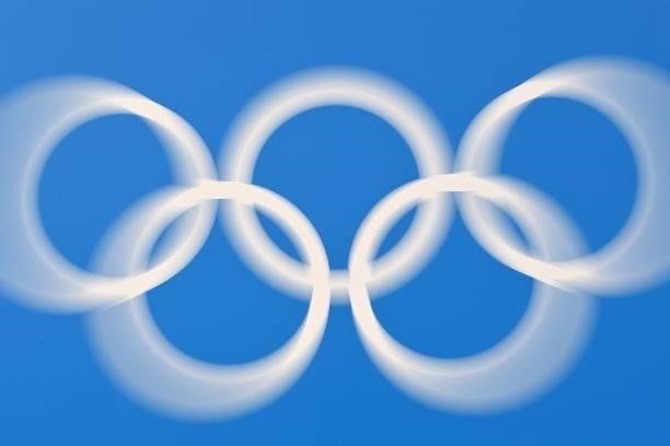 Picture shows the Olympic rings during the the women's synchronised 10m platform diving final event during the Tokyo 2020 Olympic Games at the Tokyo...