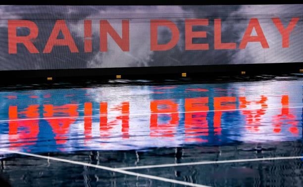Rain delay sign is displayed at the Truist Atlanta Open at Atlantic Station on July 26, 2021 in Atlanta, Georgia.