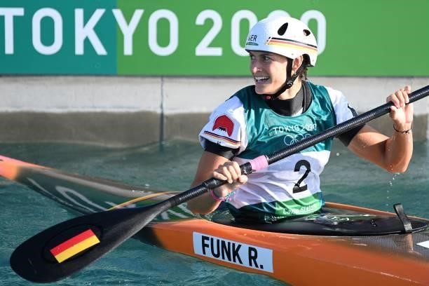 Germany's Ricarda Funk celebrates winning the women's Kayak final during the Tokyo 2020 Olympic Games at Kasai Canoe Slalom Centre in Tokyo on July...