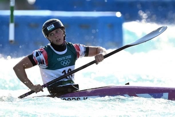Britain's Kimberley Woods competes in the women's Kayak final during the Tokyo 2020 Olympic Games at Kasai Canoe Slalom Centre in Tokyo on July 27,...