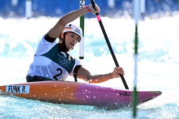 Germany's Ricarda Funk competes in the women's Kayak final during the Tokyo 2020 Olympic Games at Kasai Canoe Slalom Centre in Tokyo on July 27, 2021.