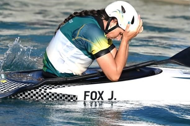 Australia's Jessica Fox reacts after competing in the women's Kayak final during the Tokyo 2020 Olympic Games at Kasai Canoe Slalom Centre in Tokyo...