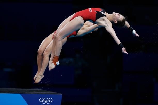 Meaghan Benfeito and Caeli Mckay of Team Canada compete during the Women's Synchronised 10m Platform Final on day four of the Tokyo 2020 Olympic...