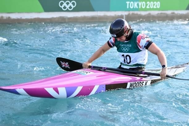 Britain's Kimberley Woods reacts in the finish area of the women's Kayak final during the Tokyo 2020 Olympic Games at Kasai Canoe Slalom Centre in...