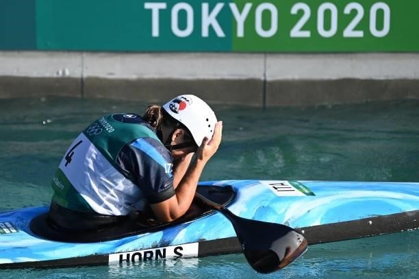 Italy's Stefanie Horn reacts in the finish area of the women's Kayak final during the Tokyo 2020 Olympic Games at Kasai Canoe Slalom Centre in Tokyo...