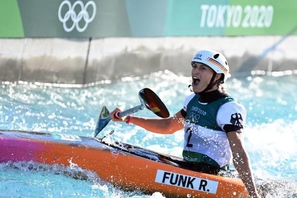 Germany's Ricarda Funk celebrates winning the women's Kayak final during the Tokyo 2020 Olympic Games at Kasai Canoe Slalom Centre in Tokyo on July...