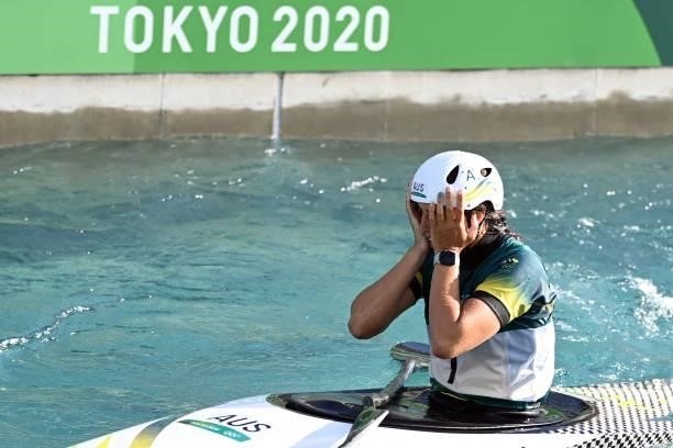 Australia's Jessica Fox reacts in the finish area after competing in the women's Kayak final during the Tokyo 2020 Olympic Games at Kasai Canoe...