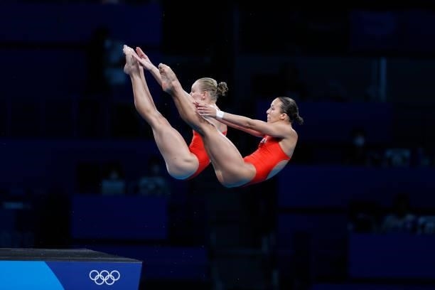 Delaney Schnell and Jessica Parratto of Team United States compete during the Women's Synchronised 10m Platform Final on day four of the Tokyo 2020...