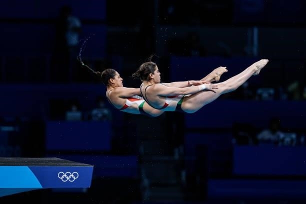 Alejandra Orozco Loza and Gabriela Agundez Garcia of Team Mexico compete during the Women's Synchronised 10m Platform Final on day four of the Tokyo...