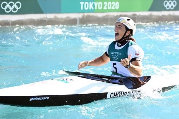 Spain's Maialen Chourraut reacts in the finish area of the women's Kayak final during the Tokyo 2020 Olympic Games at Kasai Canoe Slalom Centre in...