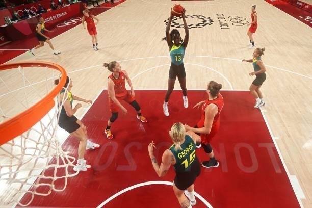 Australia's Ezi Magbegor takes a shot in the women's preliminary round group C basketball match between Australia and Belgium during the Tokyo 2020...