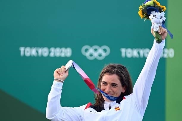 Spain's Maialen Chourraut poses with her silver medal on the podium following the women's Kayak final during the Tokyo 2020 Olympic Games at Kasai...
