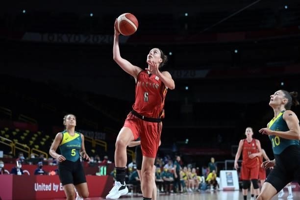 Belgium's Antonia Delaere goes to the basket in the women's preliminary round group C basketball match between Australia and Belgium during the Tokyo...