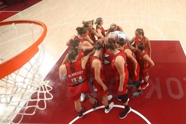 Belgium team huddle up before the start of the women's preliminary round group C basketball match between Australia and Belgium during the Tokyo 2020...