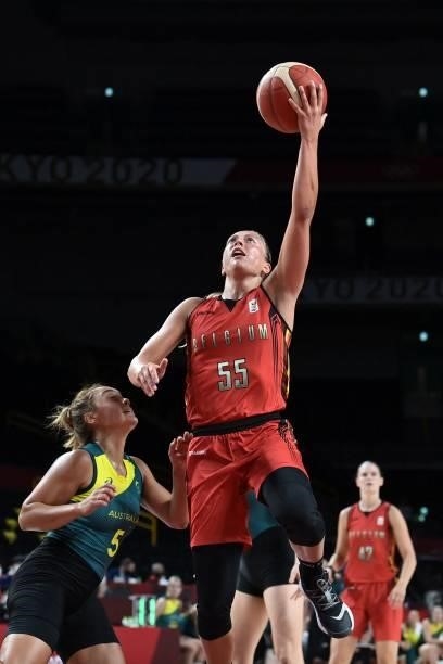 Belgium's Julie Allemand goes to the basket in the women's preliminary round group C basketball match between Australia and Belgium during the Tokyo...
