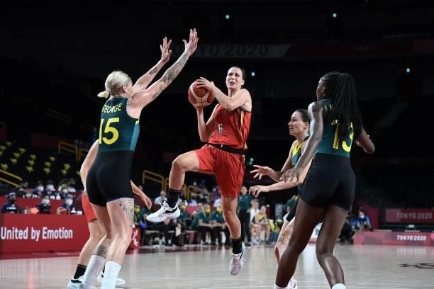 Belgium's Antonia Delaere prepares to shoot the ball in the women's preliminary round group C basketball match between Australia and Belgium during...