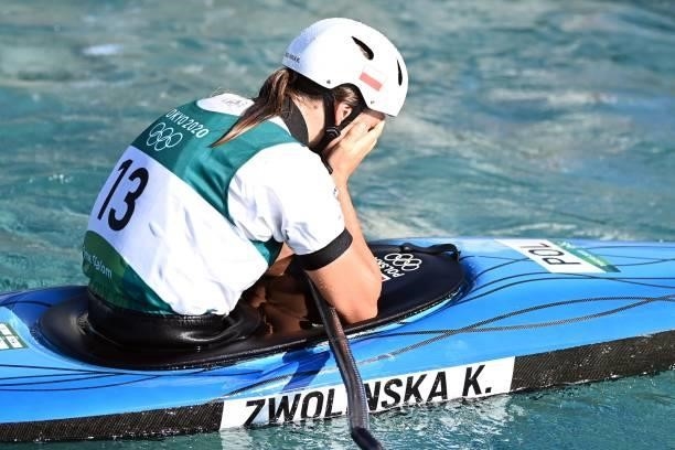 Poland's Klaudia Zwolinska reacts in the finish area of the women's Kayak final during the Tokyo 2020 Olympic Games at Kasai Canoe Slalom Centre in...