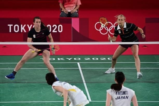 Netherlands' Cheryl Seinen watches Netherlands' Selena Piek hit a shot in their women's doubles badminton group stage match against Japan's Wakana...
