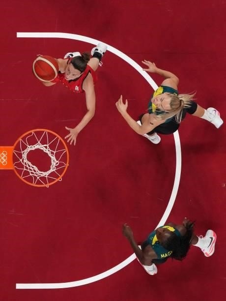 Belgium's Antonia Delaere goes for the basket in the women's preliminary round group C basketball match between Australia and Belgium during the...