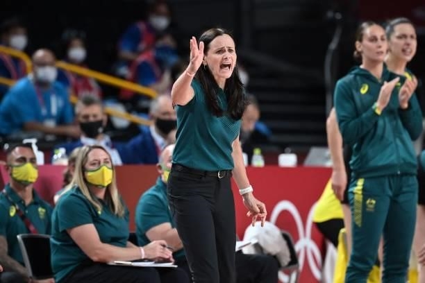 Australia's team coach Sandy Brondello gestures to her players in the women's preliminary round group C basketball match between Australia and...