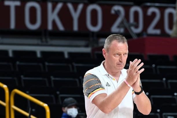 Belgium's team coach Philip Mestdagh gestures to his players in the women's preliminary round group C basketball match between Australia and Belgium...