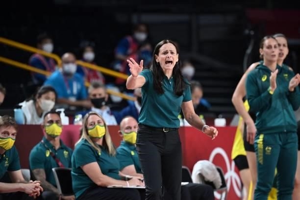 Australia's team coach Sandy Brondello gestures to her players in the women's preliminary round group C basketball match between Australia and...