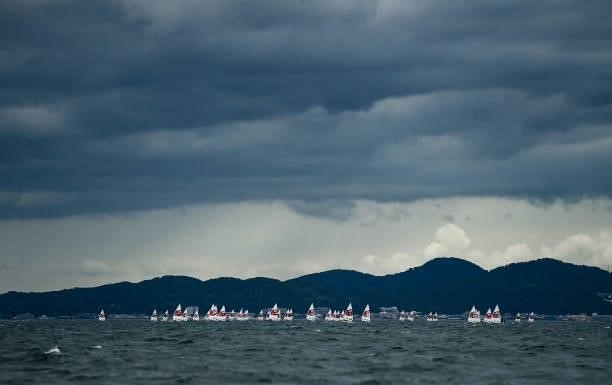 Tokyo , Japan - 27 July 2021; Sailors compete in race 6 of the women's laser radial races at the Enoshima Yacht Harbour during the 2020 Tokyo Summer...