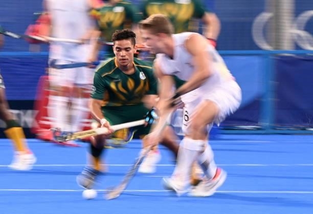 South Africa's Tevin Michael Kok challenges Belgium's Victor Nicky Wegnez during their men's pool B match of the Tokyo 2020 Olympic Games field...