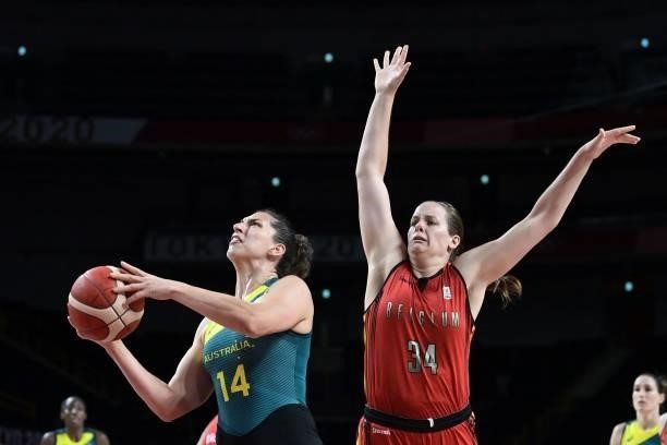 Australia's Marianna Tolo goes to the basket as Belgium's Billie Massey tries to block in the women's preliminary round group C basketball match...