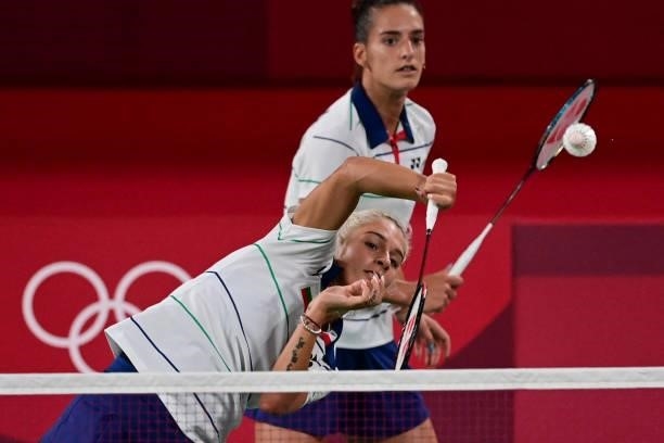 Bulgaria's Gabriela Stoeva hits a shot in her women's doubles badminton group stage match with Bulgaria's Stefani Stoeva against Thailand's Rawinda...