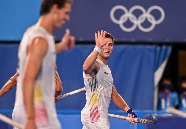Belgium's Cedric Daniel Andre Charlier celebrates after scoring against South Africa during their men's pool B match of the Tokyo 2020 Olympic Games...