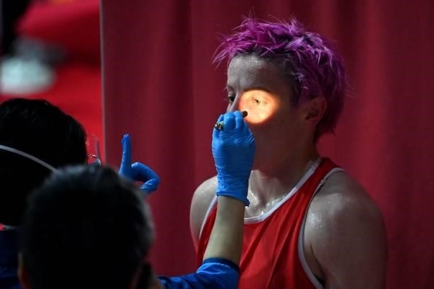 France's Maiva Hamadouche undergoes a medical check up during her women's light preliminaries boxing match against Finland's Mira Marjut Johanna...