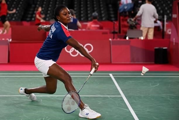 Nigeria's Dorcas Ajoke Adesokan hits a shot to South Korea's An Se-young in their women's singles badminton group stage match during the Tokyo 2020...