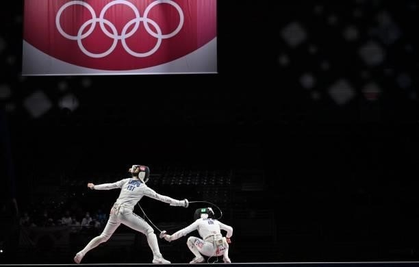 Estonia's Erika Kirpu compete against South Korea's Song Sera in the womens team epee gold medal bout during the Tokyo 2020 Olympic Games at the...