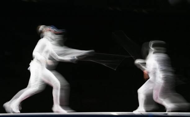 Estonia's Katrina Lehis compete against South Korea's Song Sera in the womens team epee gold medal bout during the Tokyo 2020 Olympic Games at the...