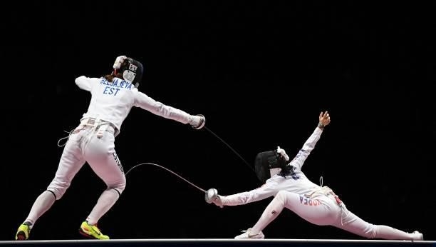 Estonia's Julia Beljajeva compete against South Korea's Song Sera in the womens team epee gold medal bout during the Tokyo 2020 Olympic Games at the...