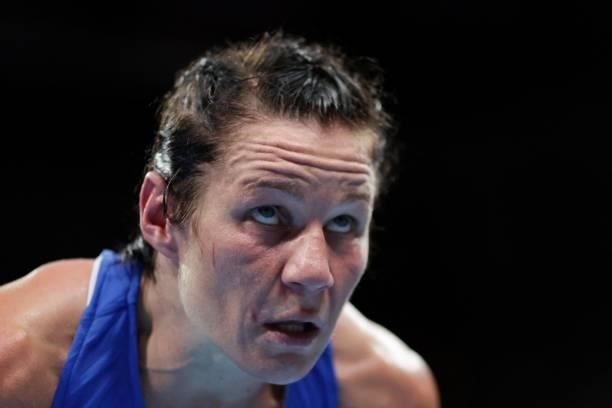 Finland's Mira Marjut Johanna Potkonen reacts during her women's light preliminaries boxing match against France's Maiva Hamadouche during the Tokyo...