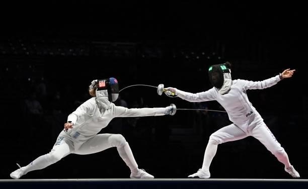 Estonia's Katrina Lehis compete against South Korea's Choi Injeong in the womens team epee gold medal bout during the Tokyo 2020 Olympic Games at the...