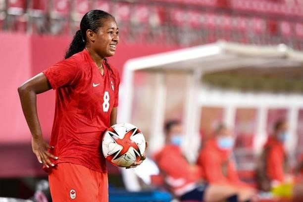 Canada's defender Jayde Riviere during the Tokyo 2020 Olympic Games women's group E first round football match between Canada and Britain at the...