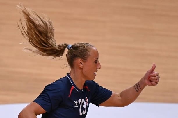 Norway's left wing Camilla Herrem celebrates after scoring during the women's preliminary round group A handball match between Angola and Norway of...