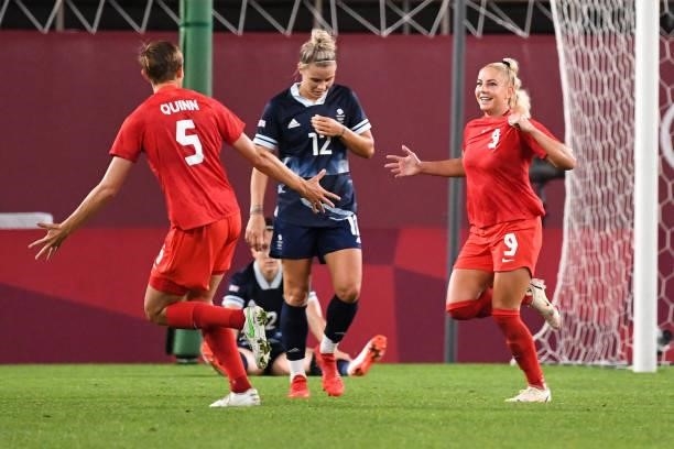 Canada's forward Adriana Leon celebrates after scoring the first goal during the Tokyo 2020 Olympic Games women's group E first round football match...