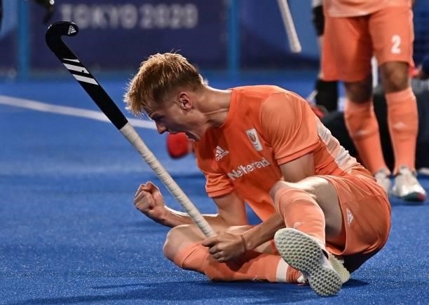 Netherlands' Joep Paul Eric De Mol celebrates after scoring against Canada during their men's pool B match of the Tokyo 2020 Olympic Games field...