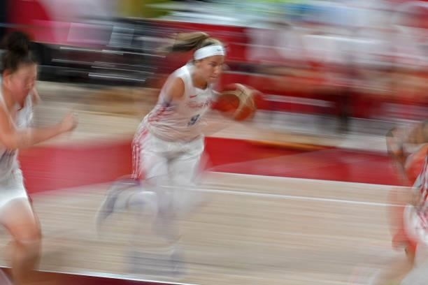 Puerto Rico's Ali Gibson runs with the ball in the women's preliminary round group C basketball match between China and Puerto Rico during the Tokyo...
