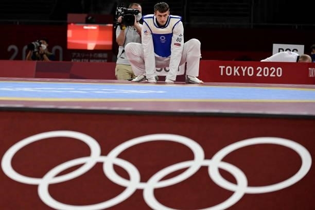 Russia's Vladislav Larin prepares for the taekwondo men's +80kg gold medal bout during the Tokyo 2020 Olympic Games at the Makuhari Messe Hall in...