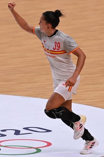 Spain's right back Almudena Maria Rodriguez Rodriguez celebrates after scoring during the women's preliminary round group B handball match between...