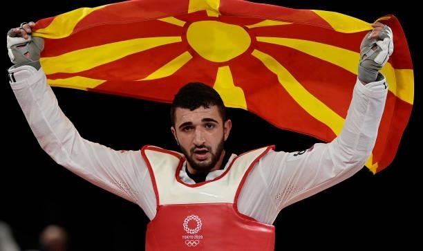 North Macedonia's Dejan Georgievski reacts after the taekwondo men's +80kg gold medal bout during the Tokyo 2020 Olympic Games at the Makuhari Messe...