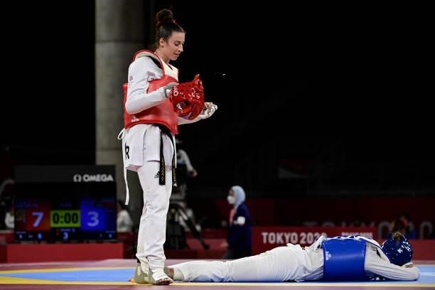 Poland's Aleksandra Kowalczuk and Britain's Bianca Walkden after the taekwondo women's +67kg bronze medal B bout during the Tokyo 2020 Olympic Games...